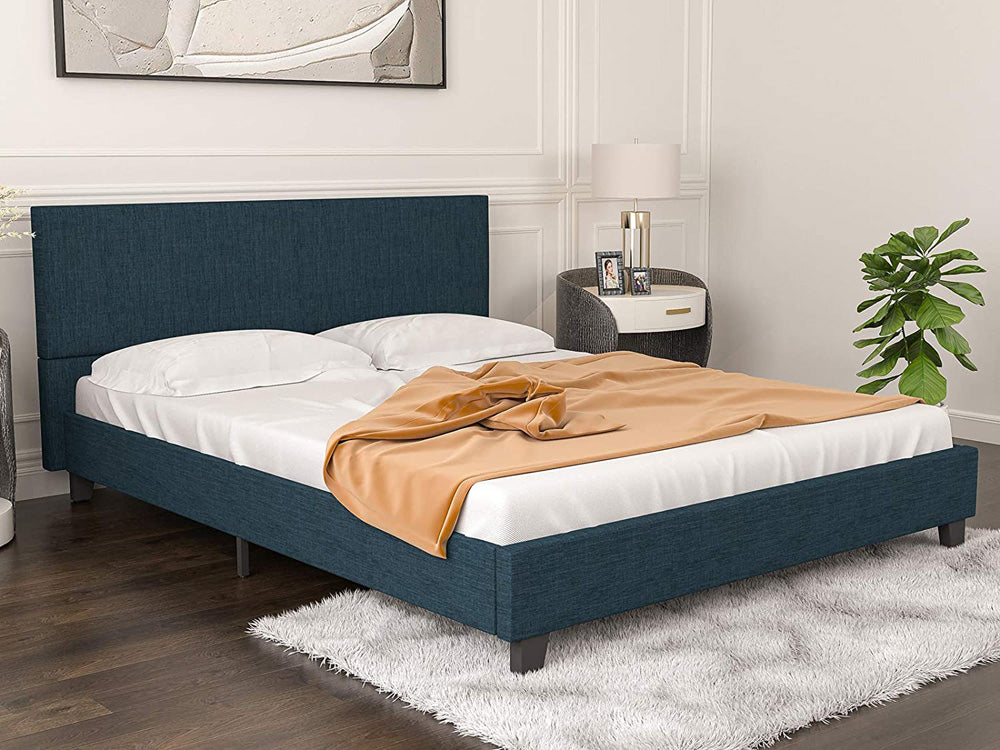 Platform Bed Frame, SESSLIFE Queen Bed Frames with Mattress Foundation, Upholstered Linen Bed Frame with Fabric Headboard, Wood Slats Support, Queen Size Metal Frame, Blue, X2320