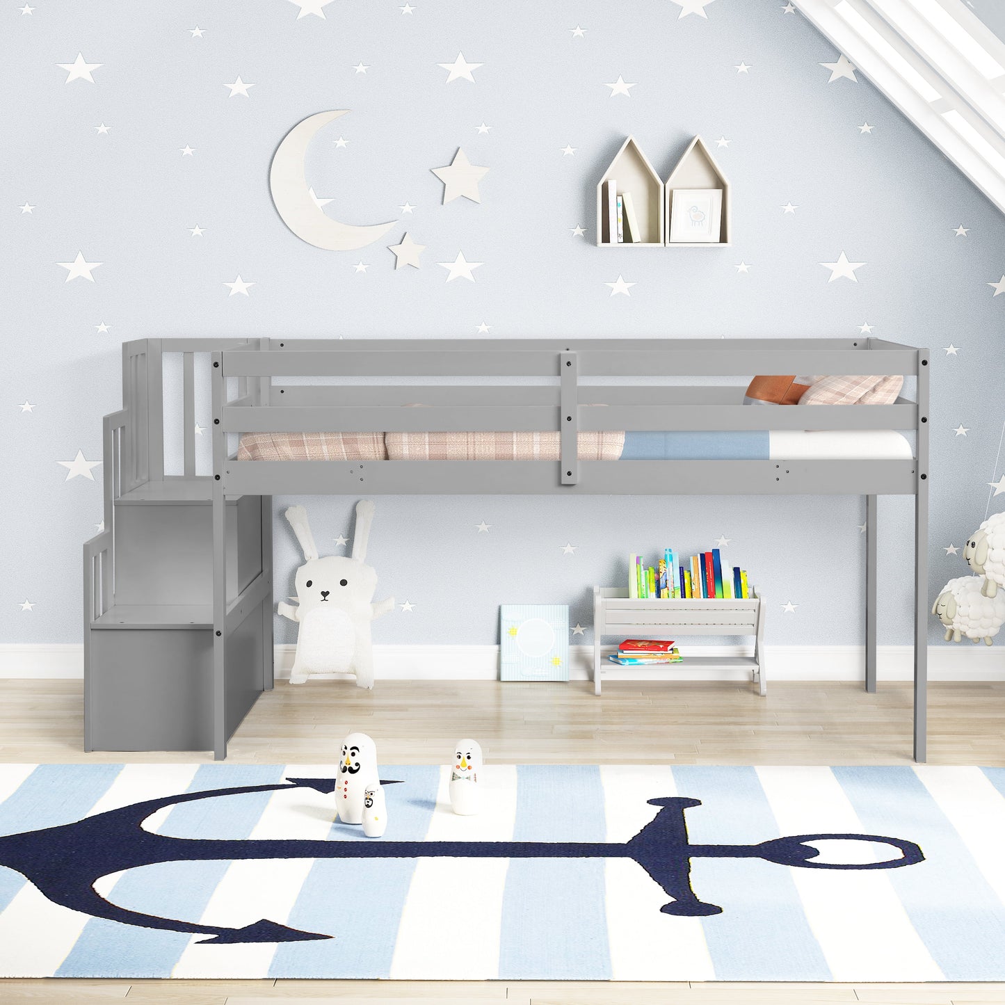 Loft Bed with Stair, SESSLIFE Wooden Twin Loft Bed with Full-length Guardrail and Slats Support, Twin Size Bed No Box Spring Needed, Kids Teens Bedroom Furniture Gray Loft Bed, X2074