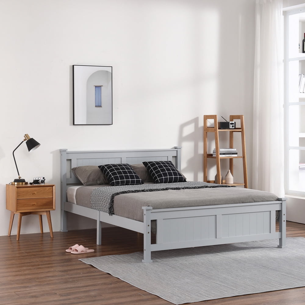 Modern Solid Wood Queen Bed, Sesslife Platform Bed with Headboard and Footboard, Queen Size Bed Frame for Kids Teens Adults, No Box Spring Needed, Gray
