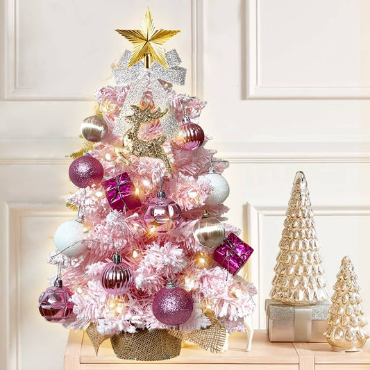 SESSLIFE Mini Christmas Tree for Tabletop, 20 Inches Table Top Christmas Trees with Lights, Small Flocked Christmas Tree for Desk Tabletop Fireplace, Indoor Christmas Tree w/Decorations, Pink