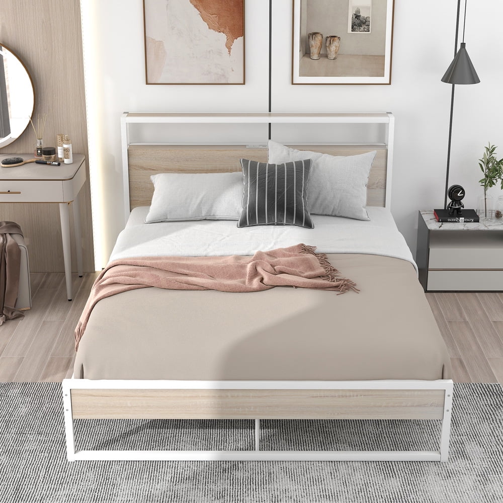 Sesslife Queen Bed Frame with Headboard, Footboard, Sockets, USB Ports and Slat Support, Metal Platform Bed with Slatts Support for Kid Teen Adults, 770 LBS Capacity, White