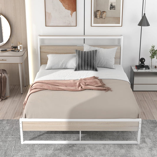 Sesslife Queen Bed Frame with Headboard, Footboard, Sockets, USB Ports and Slat Support, Metal Platform Bed with Slatts Support for Kid Teen Adults, 770 LBS Capacity, White