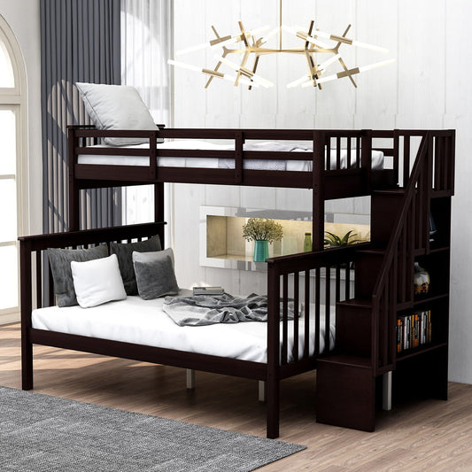 SESSLIFE Wood Twin Over Full Bunk Bed for Kids, Bunk Bed with Stairs and Storage Shelves for Boys Girls Bedroom, Bed Frame with Safety Guardrails & Slats Support, No Box Spring Needed, Espresso, X2122