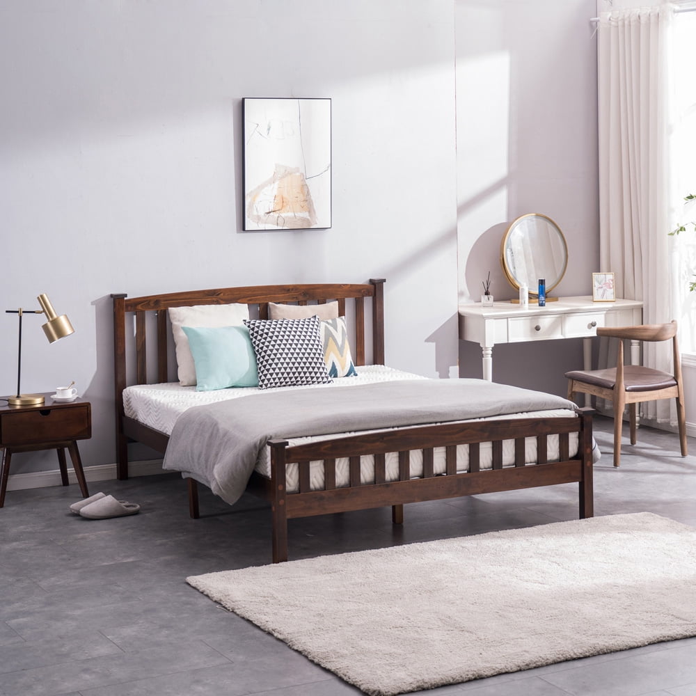 Sesslife Platform Bed Frame No Box Spring Needed, Wood Full Size Bed Frame with Slatted Headboard and Footboard, Full Platform Bed with Slats Support for Teen Adult Kid, Walnut
