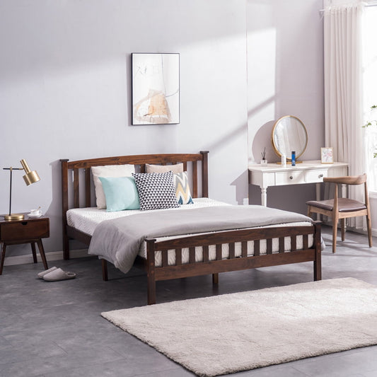 Sesslife Platform Bed Frame No Box Spring Needed, Wood Full Size Bed Frame with Slatted Headboard and Footboard, Full Platform Bed with Slats Support for Teen Adult Kid, Walnut
