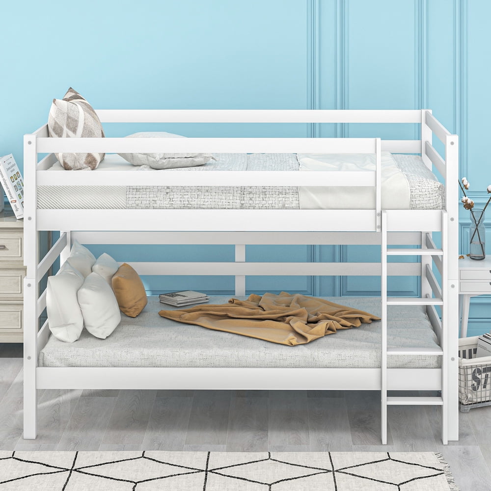 2-in-1 Loft Beds, SESSLIFE Twin Over Twin Bunk Bed, Wood Bunk Bed with Ladder and Guardrail, Space-Saving Bunk Bed with Slats Support, No Box Spring Needed, Modern Bedroom Furniture, White, X2223