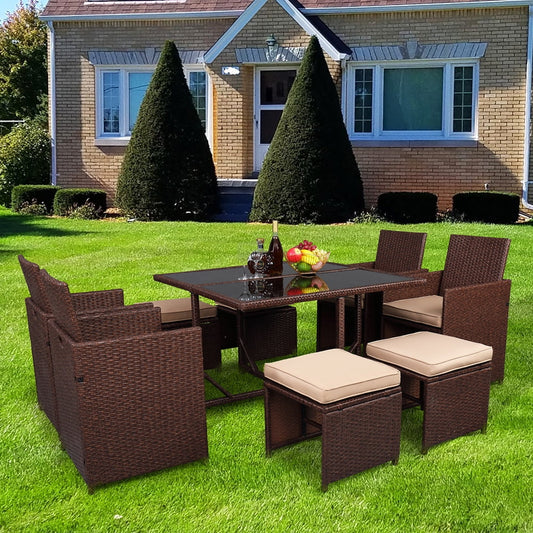 Sesslife Wicker Outdoor Dining Set, 9-Piece Patio Furniture for Patio Backyard, Wood Grain Rattan Patio Set w/4 Dining Chair, 4 Ottoman, Tempered Glass Table, Cushions, Space Saving Furniture