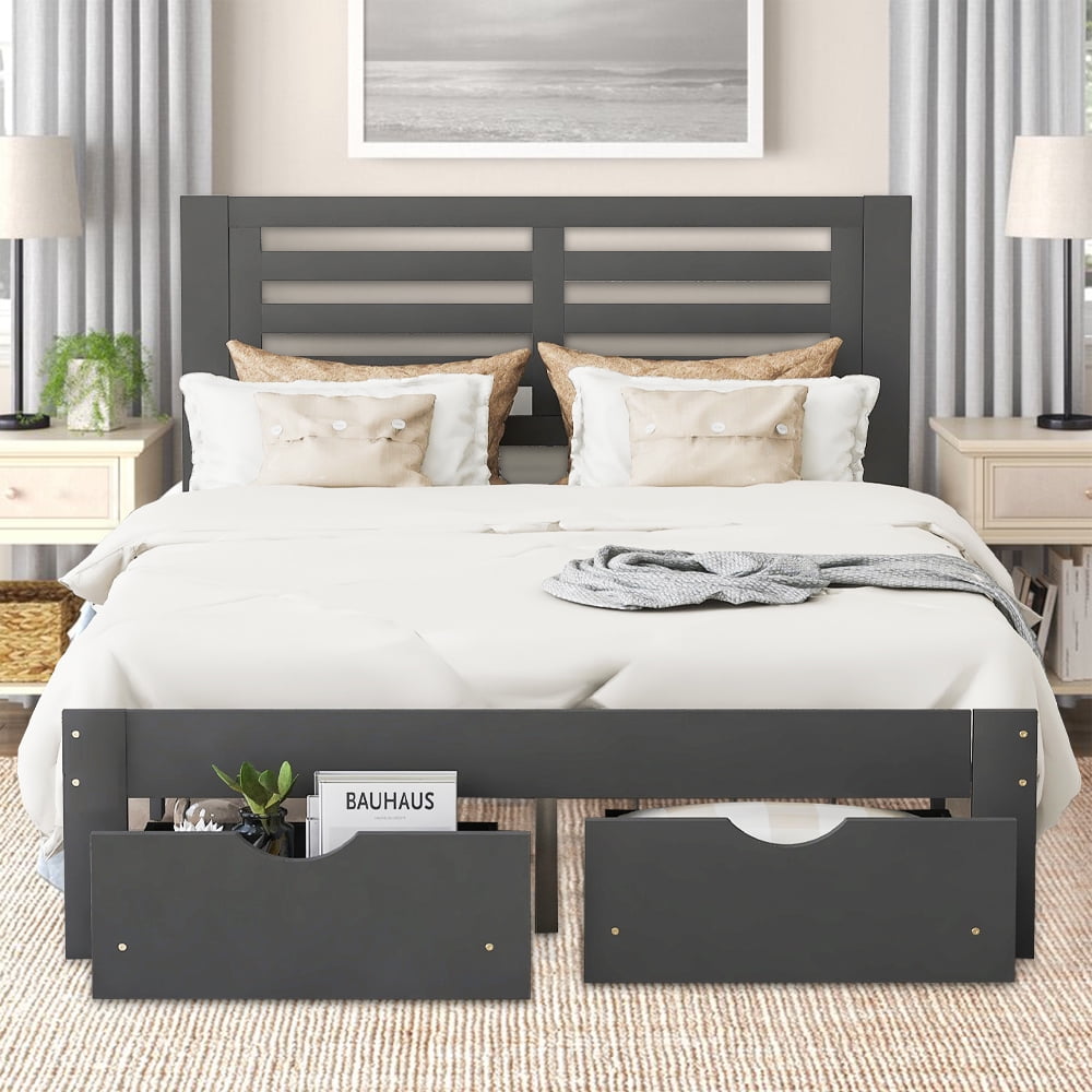 SESSLIFE Wood Full Storage Beds, Platform Bed with Two Drawers for Boys Girls, Full Bed Frame with Headboard and Wooden Slats System for Bedroom Dorm Guest Room, No Box Spring Needed, Gray, X2758