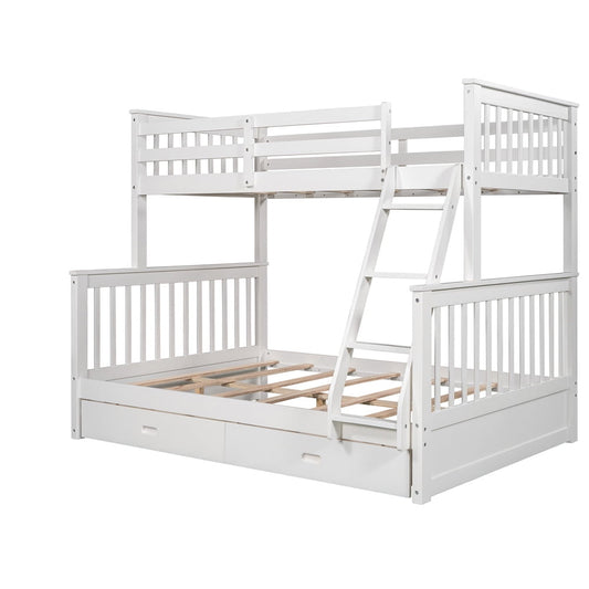 Twin over Full Bunk Bed with Drawers, SESSLIFE Wood Bunk Bed with Ladder and Safe Guardrails, Kids Bed Frame No Box Spring Needed, Platform Bed Frame with Storage for Kids/Teens Bedroom, White, X2453