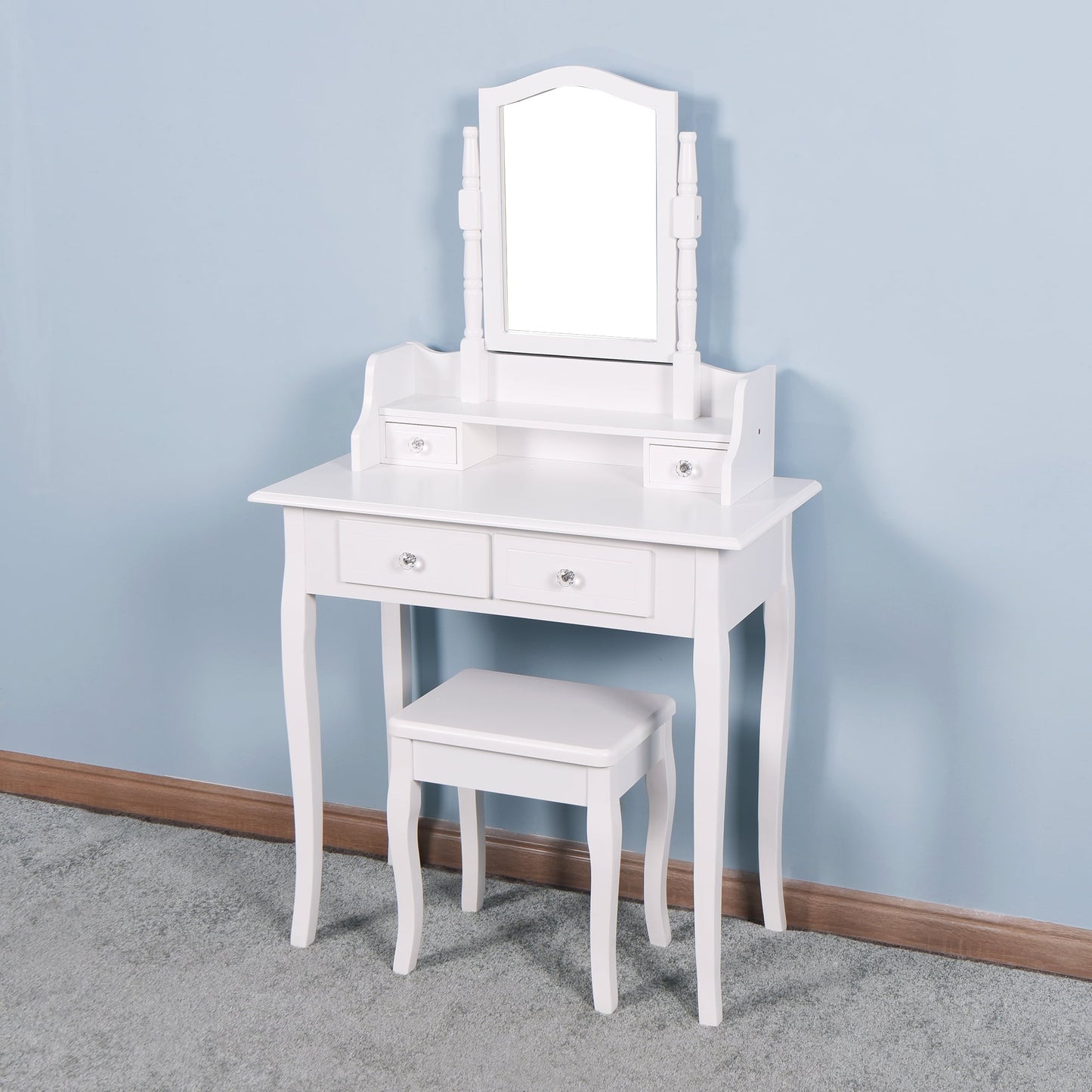 Bedroom Vanity Desk Set, SESSLIFE Home Office Makeup Desk with Stool and 4 Drawers and Mirror, Wood Bedroom Desk, White Students Kids Desk with Storage, Study Workstation Writing Table