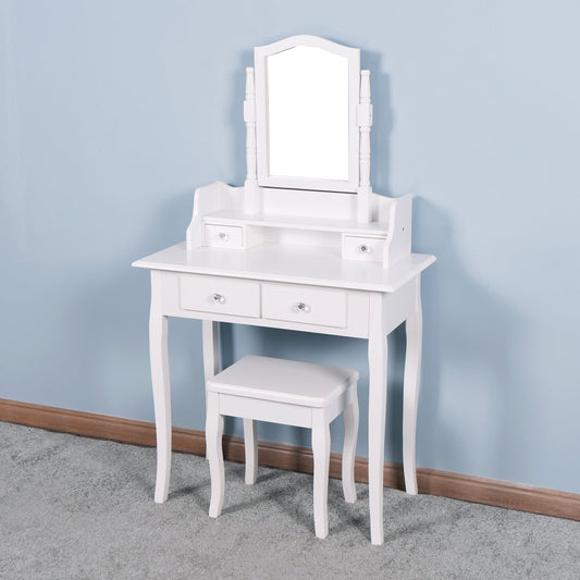 Bedroom Vanity Desk Set, SESSLIFE Home Office Makeup Desk with Stool and 4 Drawers and Mirror, Wood Bedroom Desk, White Students Kids Desk with Storage, Study Workstation Writing Table