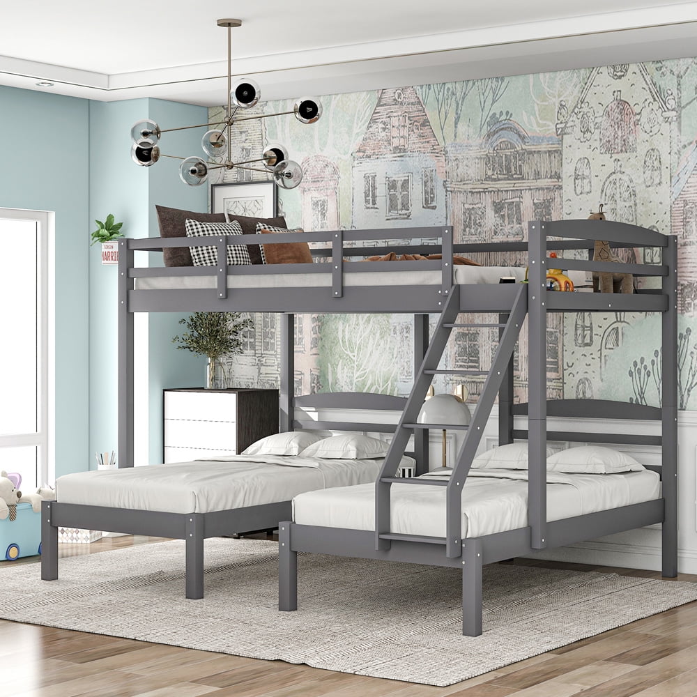 SESSLIFE Triple Bunk Bed Full over Twin & Twin, Wood Bunk Bed for Boys Girls Bedroom, Kids Bunk Bed Frame with Wooden Slats, Full-length Guardrail & Ladder, No Box Spring Needed, Gray, X2905