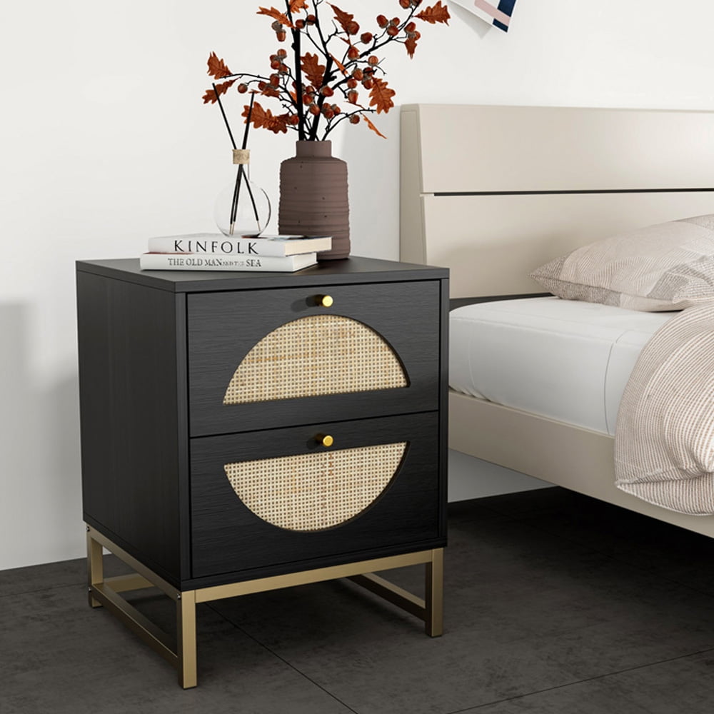 Black Nightstand for Bedroom, Sesslife Wood Bedside Table with Two Drawers, Sturdy Iron Frame, Mid-Century Natural Rattan Modern End Table with Storage for Living Room Study