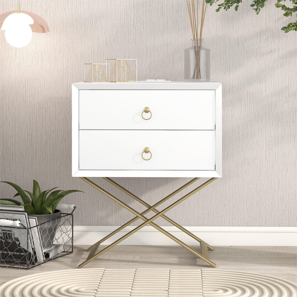 Sesslife Wood Storage Nightstand, 2 Drawers Bedside Table with X-shape Legs and Golden Handle, Versatile Use Furniture, Modern End Table Side Table for Bedroom Living Room, White