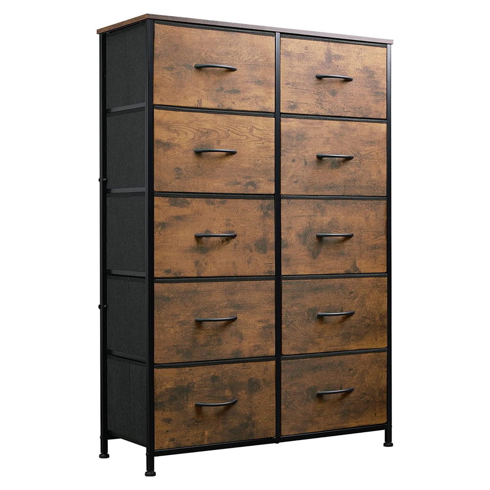 Sesslife Tall Storage Dresser with 10 Fabric Drawers, Rustic Brown Bedroom with Metal Frame and Adjustable Feet, Wood Chest of Drawers Storage Tower for Bedroom Living Room Hallway