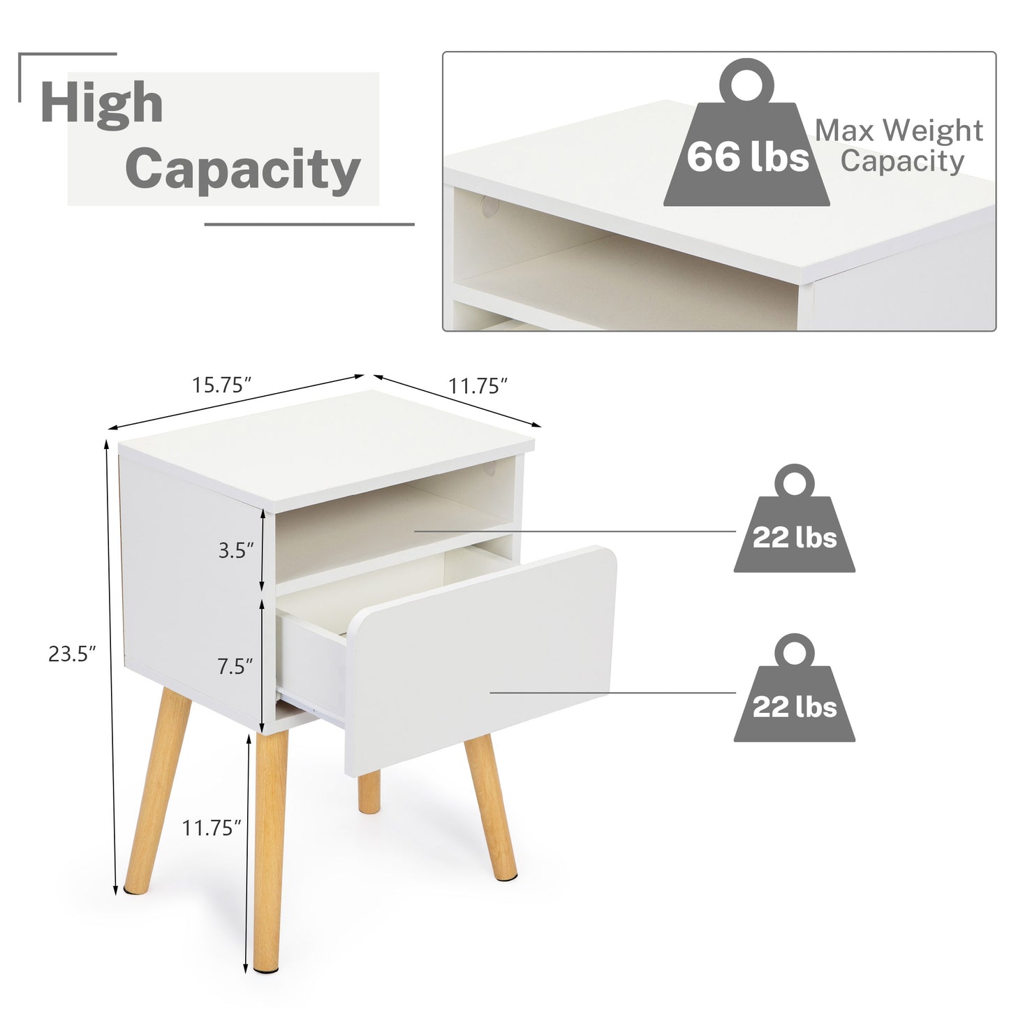 Sesslife White Bedroom Nightstands Set of 2, Wood Storage Side Table for Living Room, Modern End Table with Drawer, Open Shelf, Pine Legs