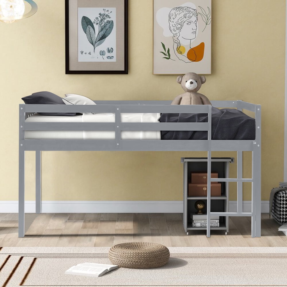 SESSLIFE Wood Loft Bed for Boys Girls, Twin Low Loft Bed with Ladder and Full-length Guard Rails, Twin Size Bed Frame with Wood Slats Support, No Box Spring Needed, Gray Kids Bedroom Furniture, X2034