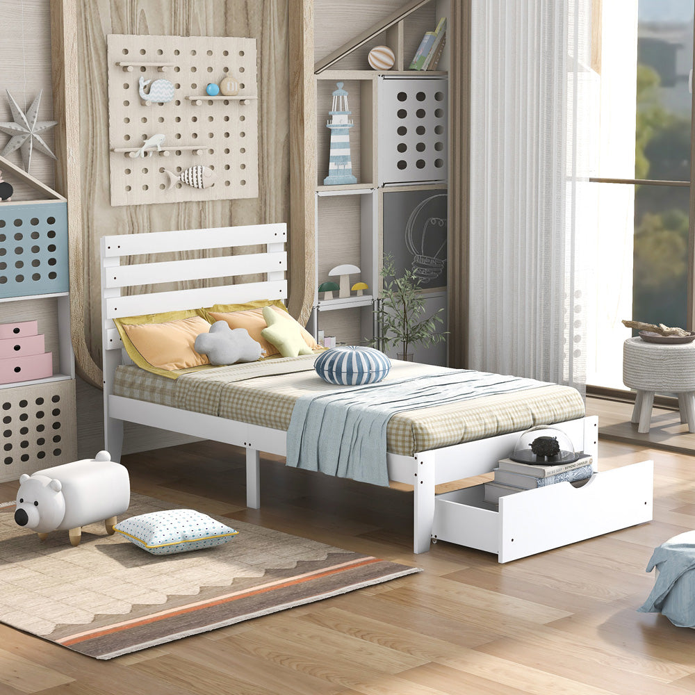 SESSLIFE Twin Platform Bed with Drawer, Wood Bed Frame with Headboard, No Box Spring Needed, Twin Size Bed with Storage for Kids Teens Adults Bedroom, White, X2747