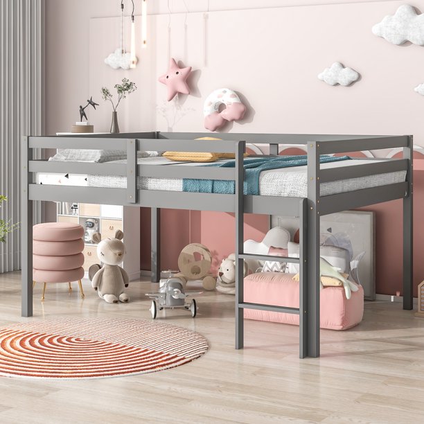 Sesslife Low Loft Bed, Wood Twin Loft Bed Frame with Ladder and Guardrails, No Box Spring Required, Easy Assembly (White)