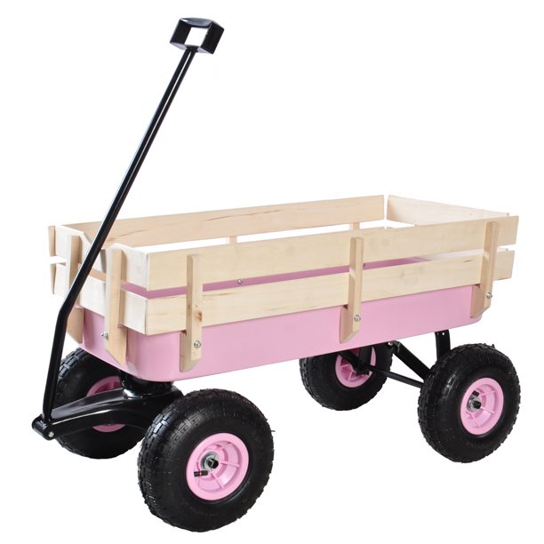 Steel Utility Cart with Removable Wood Sides, Sesslife Garden Wagon with 10" Tires, Extra-long Handle, 176-lbs. Capacity, Pink Wagons for Kids Adults Use, Outdoor All-terrain Beach Wagon, Pink