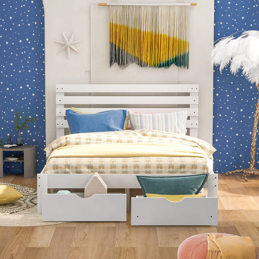 Queen Bed Frame with Storage, SESSLIFE Wood Platform Bed Frame with 2 Drawers and Headboard, Queen Size Bed Frame No Box Spring Needed, Modern Bedroom Furniture for Kid Teen Adult, White