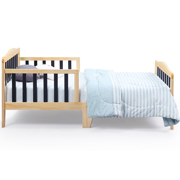 Toddler Bed Natural/Black, Sesslife Wood Toddler Bed frame for Boys Girls, Platform Bed with Safety Side Rails, Headboard, Kids Bed No Box Spring Needed, Modern Toddler Furniture for Toddler Room