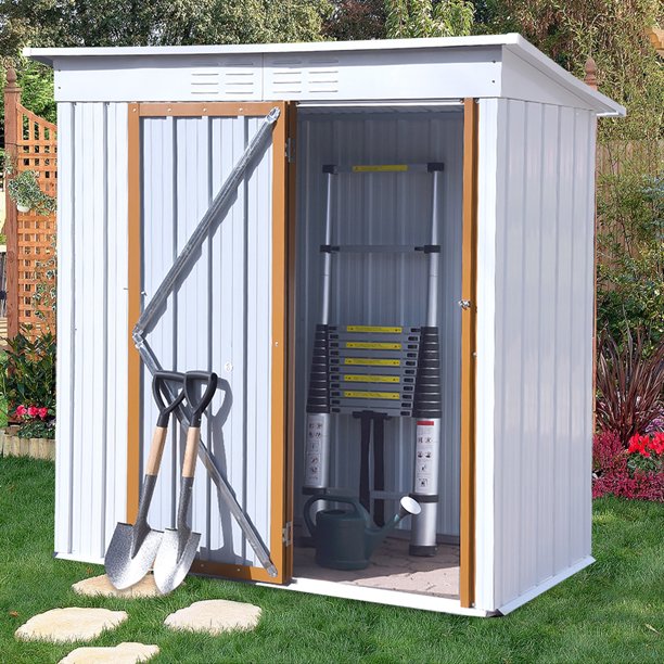 Sesslife Tool Storage Shed, 60 x 31 Inch Storage House with Vents, Galvanized Aluminum Garden Shed with Lockable Door, 69.7" Tall Verticle Outdoor Storage Shed for Patio Lawn Backyard, White, X3155