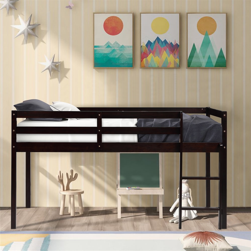 SESSLIFE Wood Loft Bed for Boys Girls, Twin Low Loft Bed with Ladder and Full-length Guard Rails, Twin Size Bed Frame with Wood Slats, No Box Spring Needed, Espresso Kids Bedroom Furniture, X2035