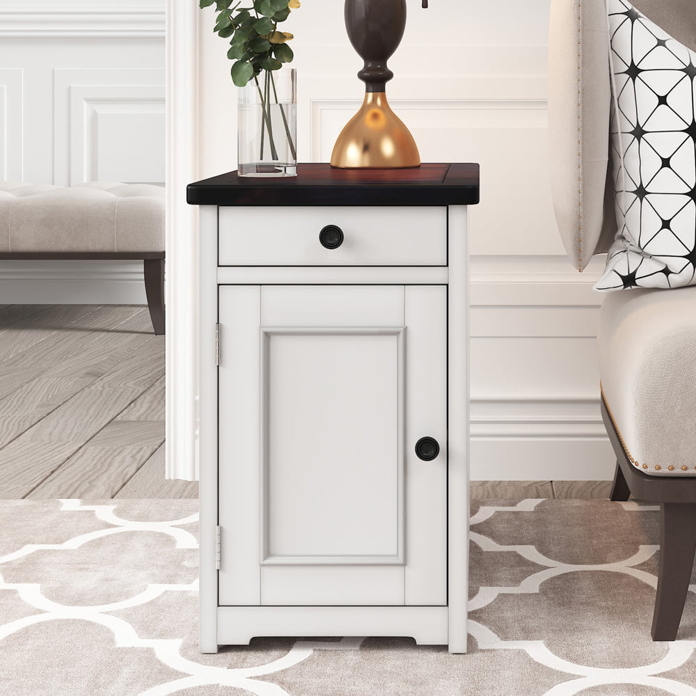 SESSLIFE Nightstand with Drawer and Cabinet, Wooden Bedside Tables with USB Port, Cup & Remote Control Holder, Brown Accent Table End Table for Living Room Bedroom, X1565