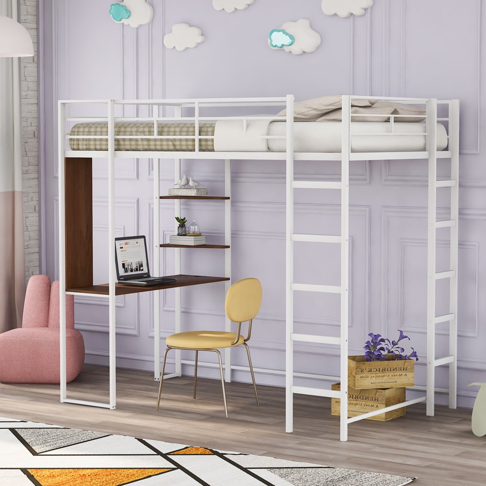 Twin Loft Bed for Kids Teens, SESSLIFE Metal Bed Frame with Desk and Two Shelve, No Box Spring Needed, Loft Bed with Full-length Guardrails, Ladder, Space Saving Furniture, White