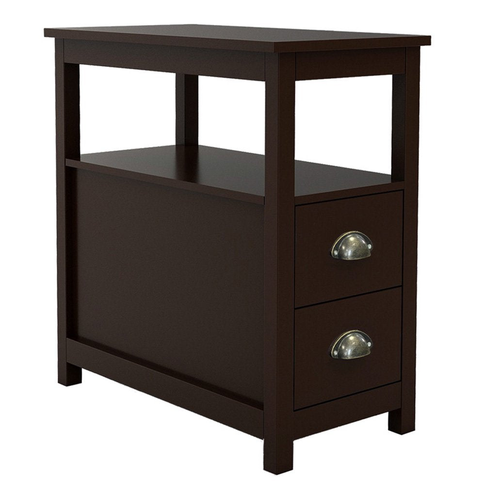 Narrow End Tables for Living Room, Sesslife Wood Storage Side Table with Two Drawers and Open Shelf, Brown Sofa Table Nightstand for Bedroom, Modern Furniture