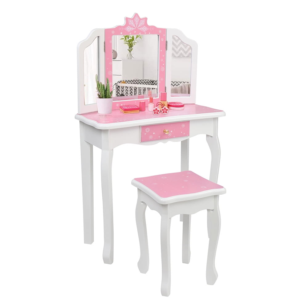 Sesslife Kids Vanity Set with Mirror and Stool, Wooden Girl's Dressing Table Set with Storage Drawer, Pink Snowflake Style Kids Makeup Vanity Set for Girl's Bedroom