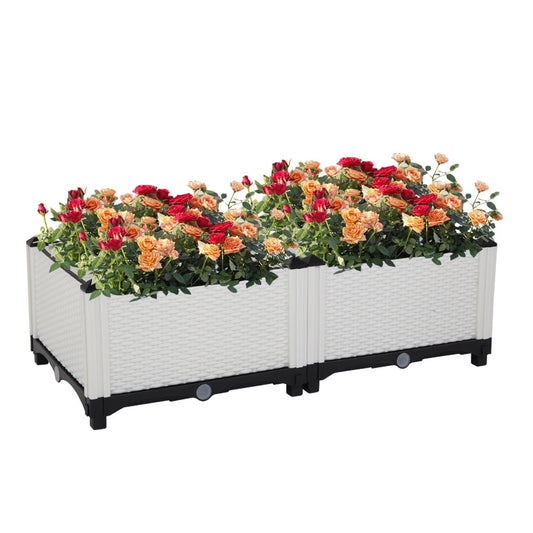 2 Pcs Planting Box, Sesslife Raised Garden Beds Outdoor Indoor Use, Elevated Planter Box with Self-Watering and Drainage Holes, Plastic Garden Beds for Flower Vegetable Herb Grow, White