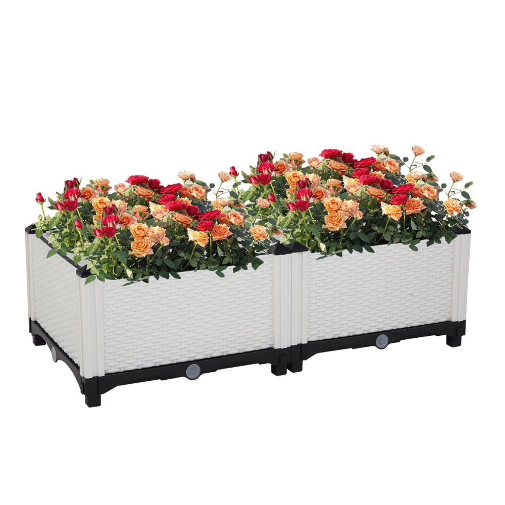 Plastic Elevated Planter Box, Sesslife Raised Garden Bed with Self-Watering & Drainage Holes for Flower Vegetable Grow, Free Splicing Planter Box Set of 2, White