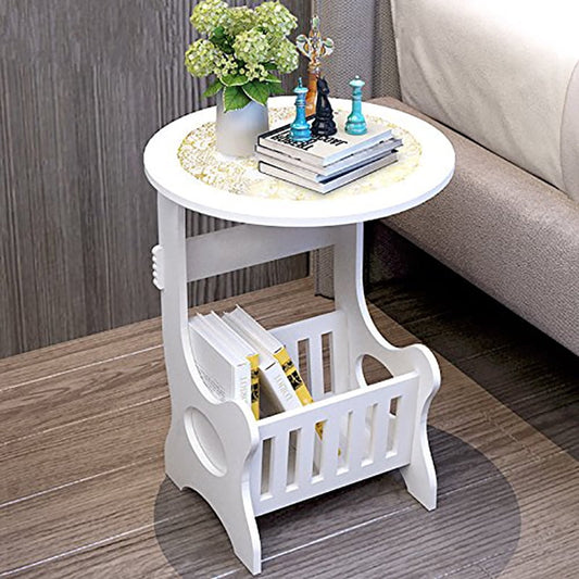 SESSLIFE Round End Table for Small Space, White Side Table with Magazine Rack for Living Room, Wood Modern Furniture, 12.99"(L) x 8.66"(W) x 23.62"(H),