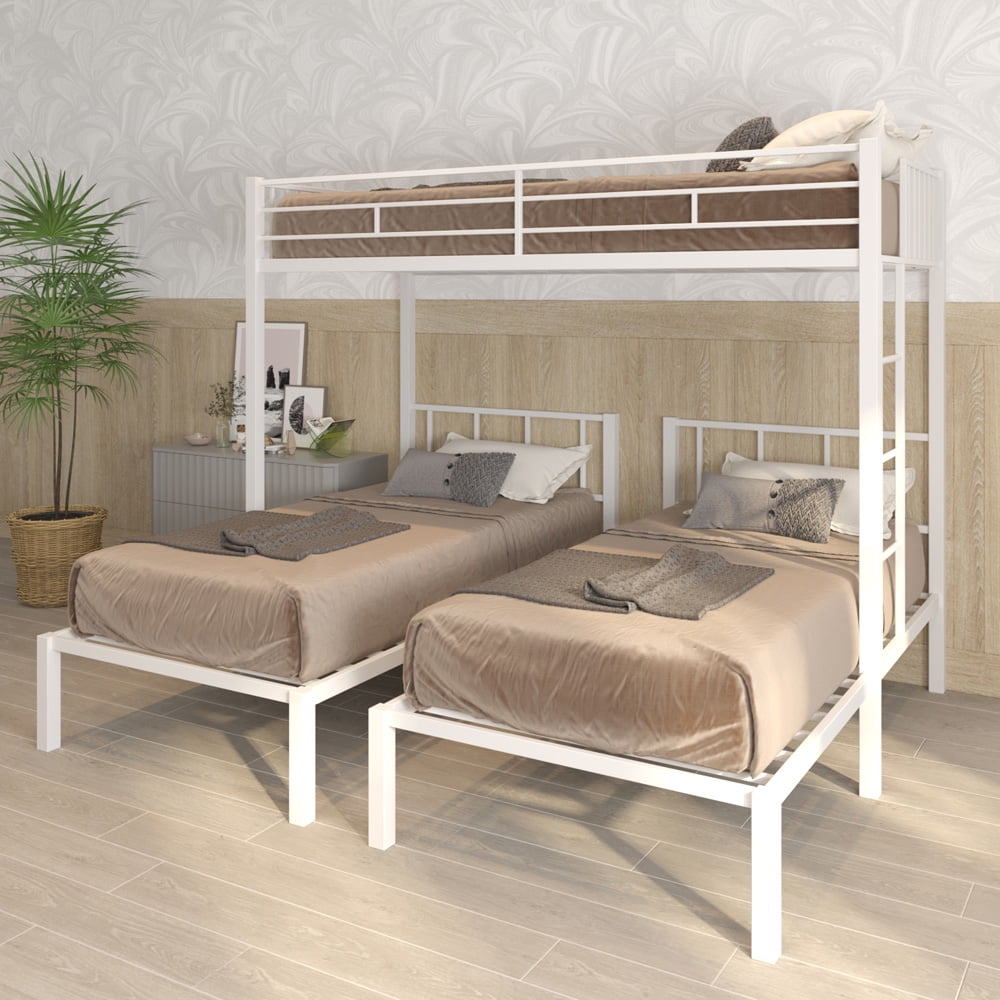 Triple Bunk Bed for Kids Teens, SESSLIFE Metal Twin Bunk Bed with Guardrails and Ladder for Bedroom Dorm, Space-Saving Twin Over Double Twin Bunk Beds Can Be Separated into 3 Beds, White, X2843