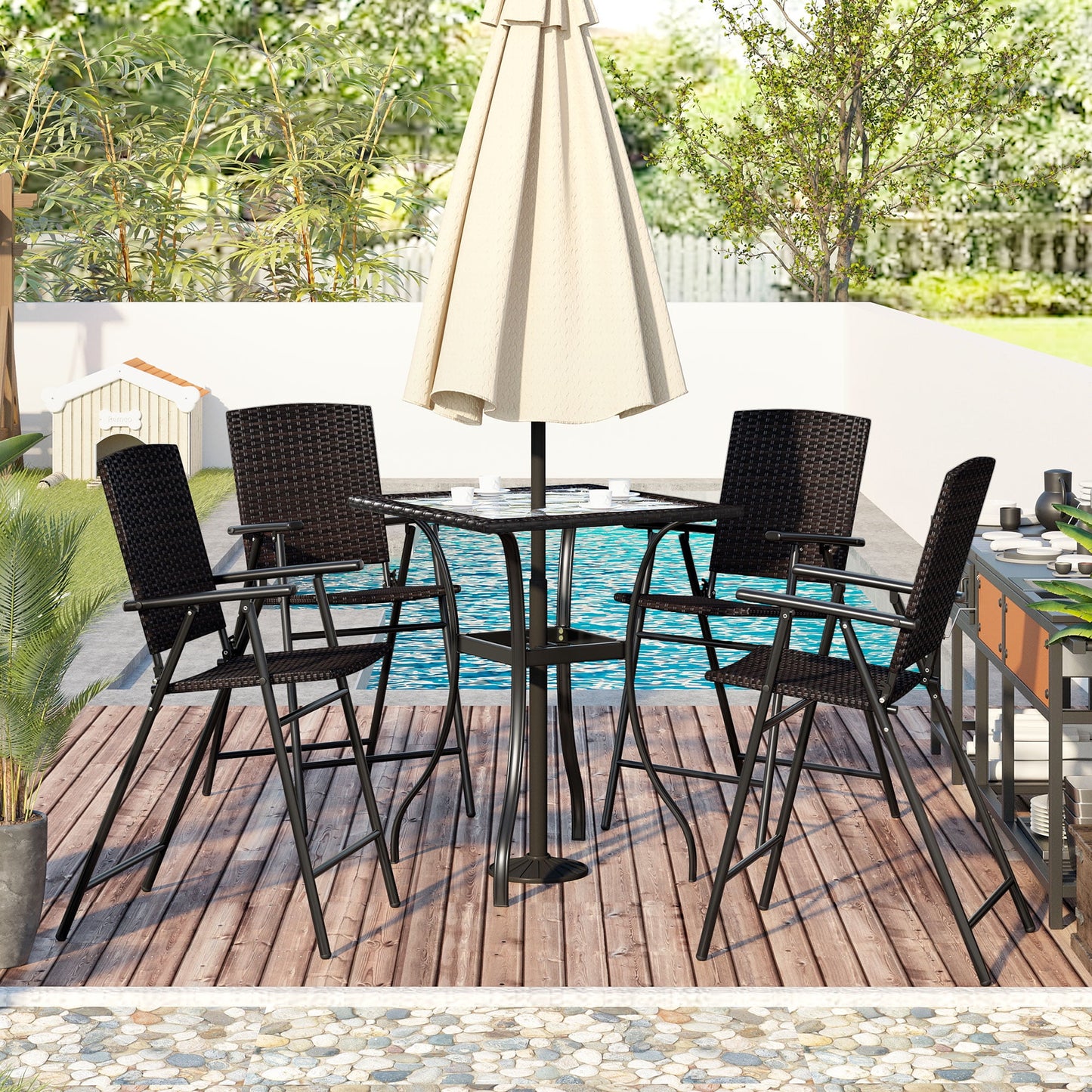 Sesslife Wicker Outdoor Counter Height Bistro Set, 5 Piece Patio Dining Furniture Set with 4 Folding Chairs and Glass Table, Patio Set for Patio Garden Pool Desk, Black Rattan Outdoor Bar Sets