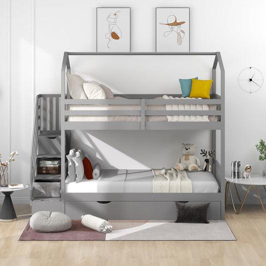 Twin over Twin Wood Bunk Bed with Trundle, Sesslife Kids House Bunk Bed with Guardrail, Storage Staircase, Wood House Bed for Kids, Teens, Easy Assemblem, Grey, X2940