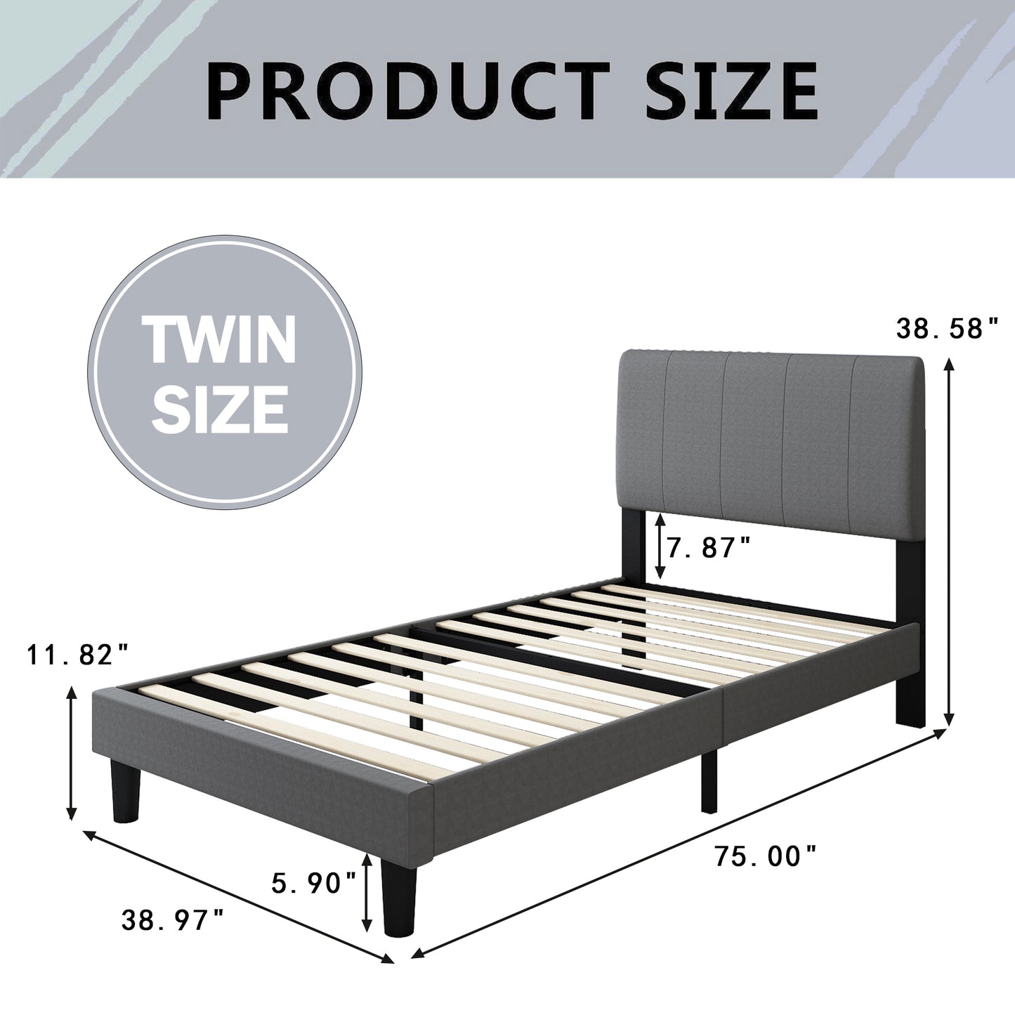 Sesslife Gray Platform Bed Frame, Twin Bed Frame with Upholstered Headboard, Twin Floor Bed Frame, Mattress Foundation, No Box Spring Needed, Easy Assembly