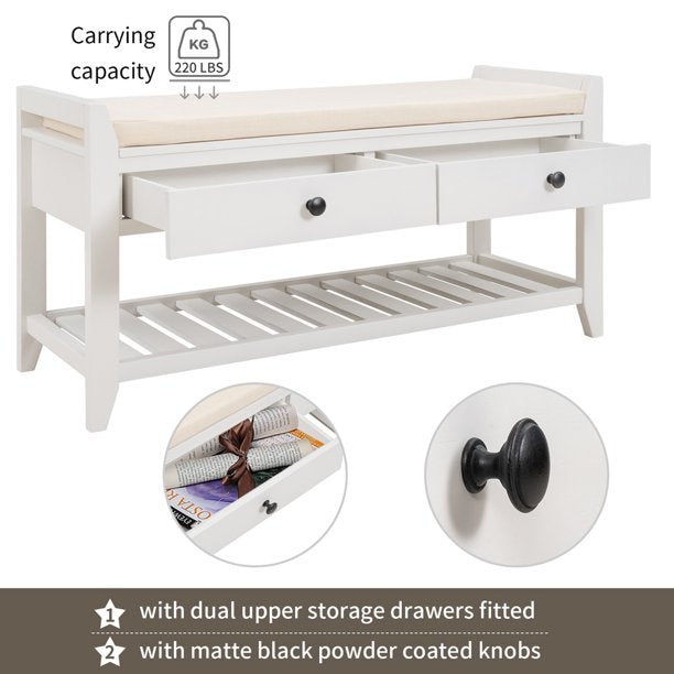 Entryway Bench with Storage Drawers, SESSLIFE Wooden Shoe Bench, Modern Storage Bench with Cushion, White, X296