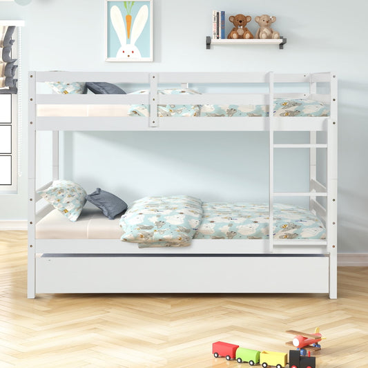 Sesslife Twin over Twin Bunk Beds, Wood Bunk Bed with Twin Trundle, Solid Wood Bunk Bed Frame with Guardrail and Ladder for Boys Girls Rooms, No Box Spring Needed, White