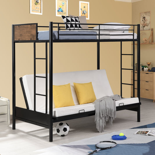 SESSLIFE Metal Twin Over Futon Bunk Bed, Twin Over Full Bunk Bed with Guardrails and Ladder, Metal Futon Bunk Bed Frame No Box Spring Needed, Space Saving Kids Furniture for Bedroom Dorm, Black, X2046