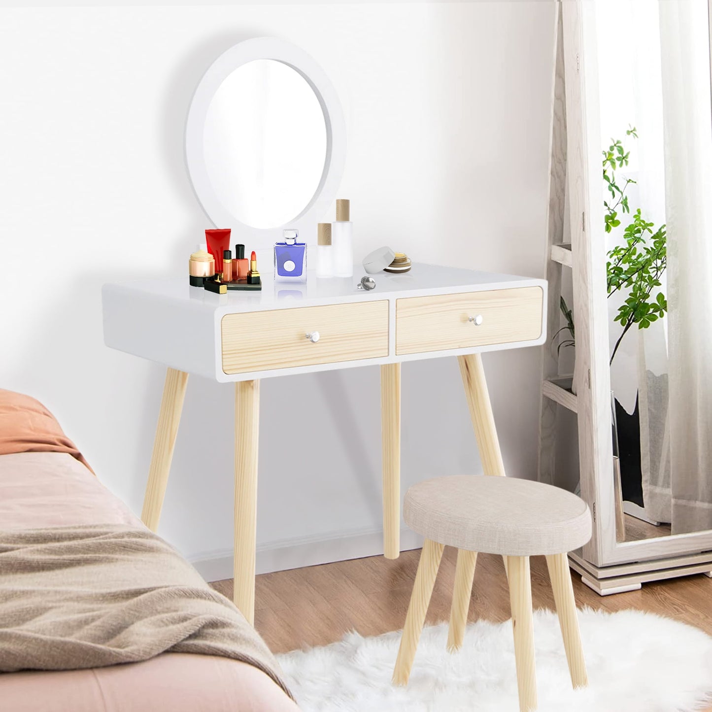 Dressing Table with Cushioned Vanity Stool, Sesslife Wood Vanity with Storage Drawers, Makeup Vanity with Round Mirror, Wood Color Vanity Desk Set for Girl & Woman Bedroom