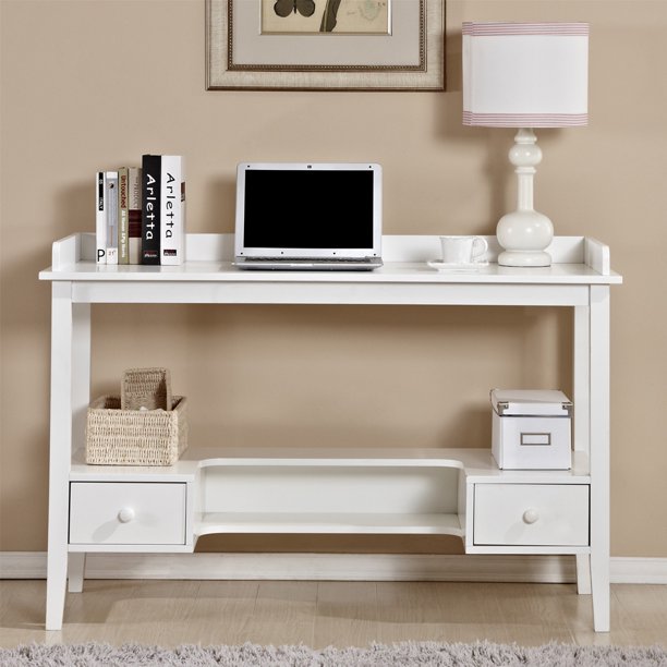 Wood White Home Office Writing Desk with 2 Drawers and Open Shelf