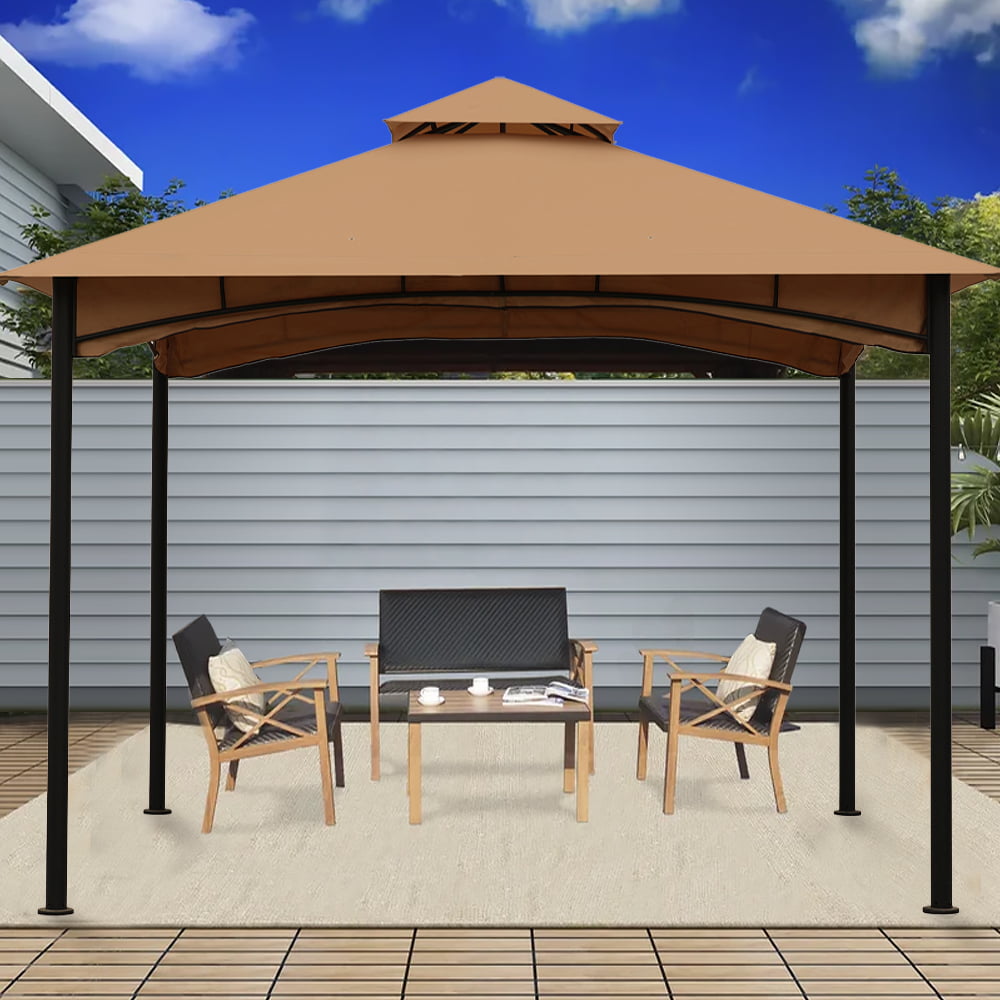 11' X 11' Square Canopy Gazebo for Patio Backyard, Sesslife Outdoor Gazebo with 2-tier Roof, Heavy Duty Steel Frame, Drain Holes, Khaki Polyester Canopy Shelter