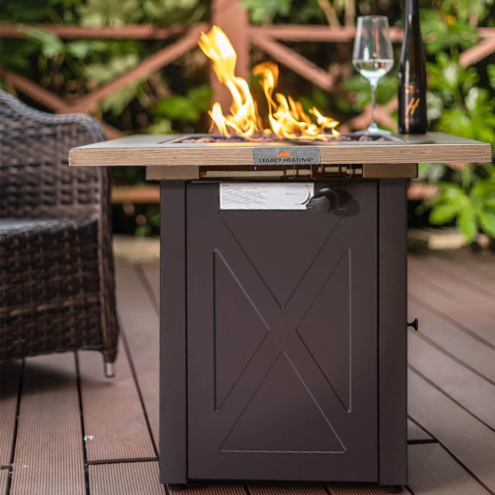 Outdoor Gas Fire Pit, SESSLIFE 28" Propane Fire Pit for Patio Backyard, Square Fire Pit Table Aluminum Frame, 50,000 BTU Heat Firepit with Bionic Wood Grain Lid, Poker, Lava Rocks, Brown, X778