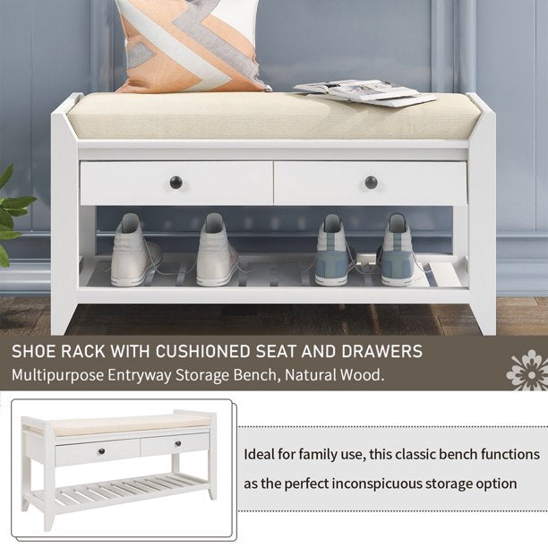 Entryway Bench with Storage Drawers, SESSLIFE Wooden Shoe Bench, Modern Storage Bench with Cushion, White, X296