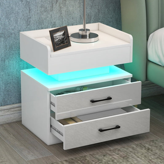 Sesslife White Nightstand for Bedroom with 2 Drawers, Modern Bedside Table with USB Charging Ports and Outlets, LED Light, Multifunctional Wood Side Table