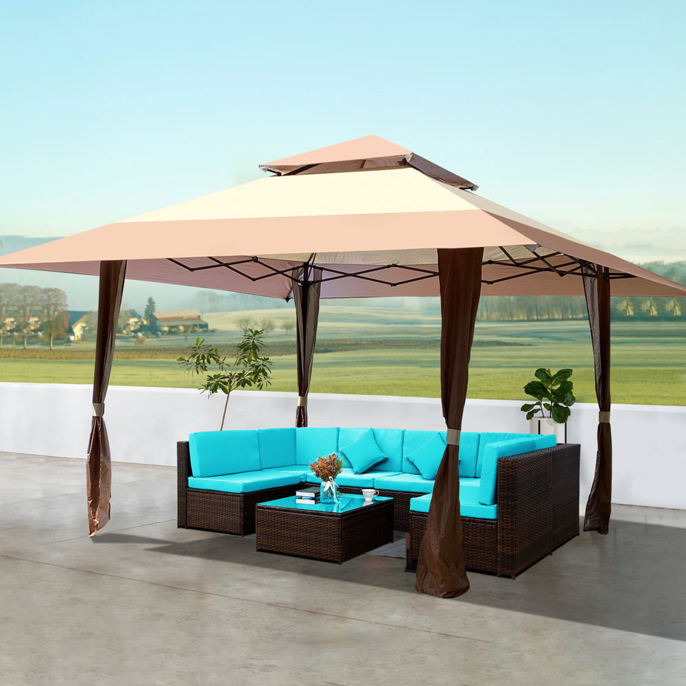 Sesslife Patio Gazebo 13 x 13 ft, Pop Up Square Gazebo with Double Layer Top, 169 Feet Shade Area, UV Protection Outdoor Canopy for Backyard Party Camping, Coffee