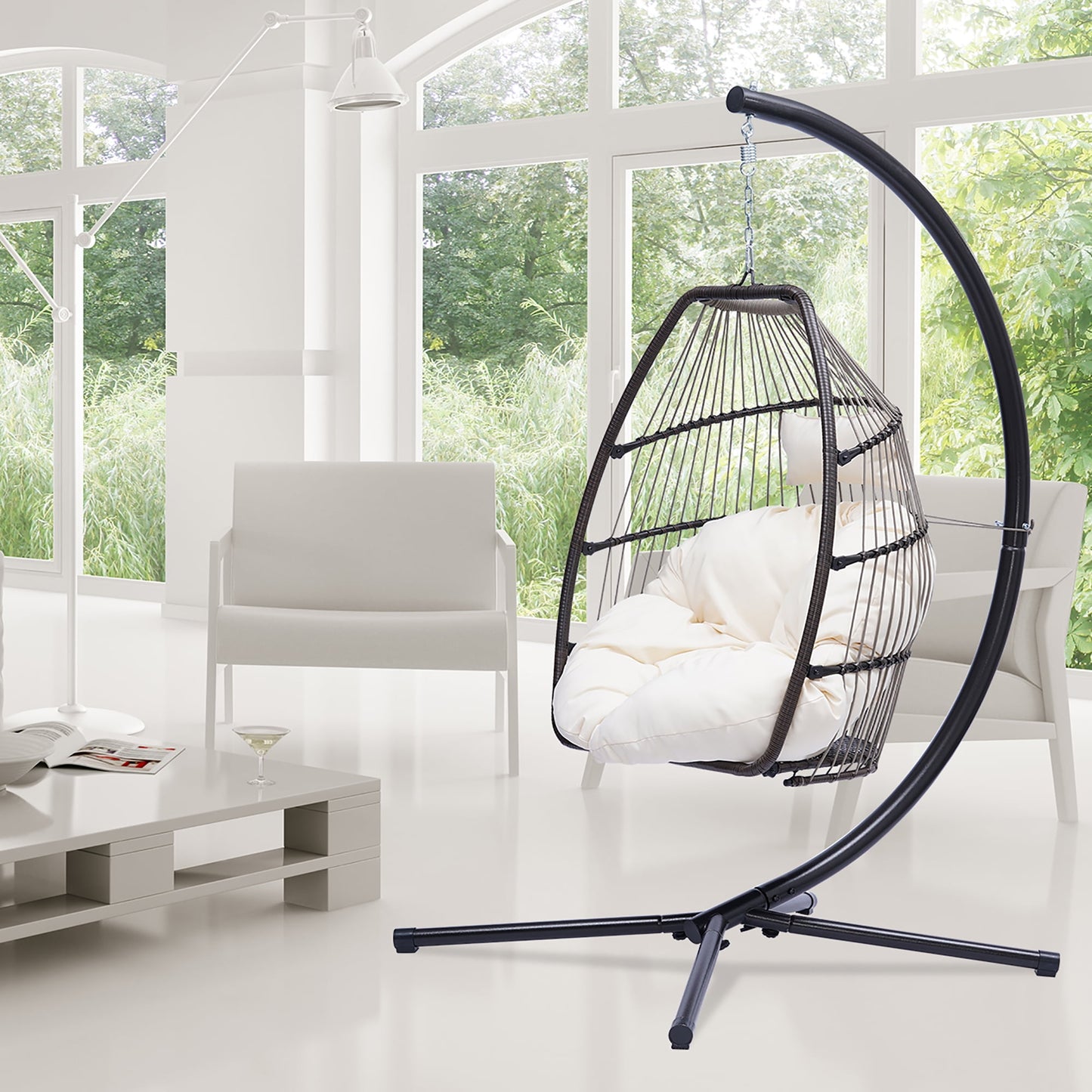 Sesslife Swing Egg Chair with Stand, Wicker Rattan Patio Basket Hanging Chair with Seat Cushion & Pillow, Steel Frame, Folding Swing Chair with 250lbs Capacity for Bedroom Balcony Patio, White, X3291